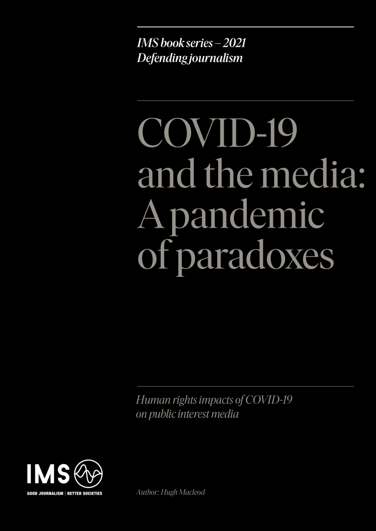 Front cover of the report Covid-19 and the media: A pandemic of paradoxes, white text on a black background