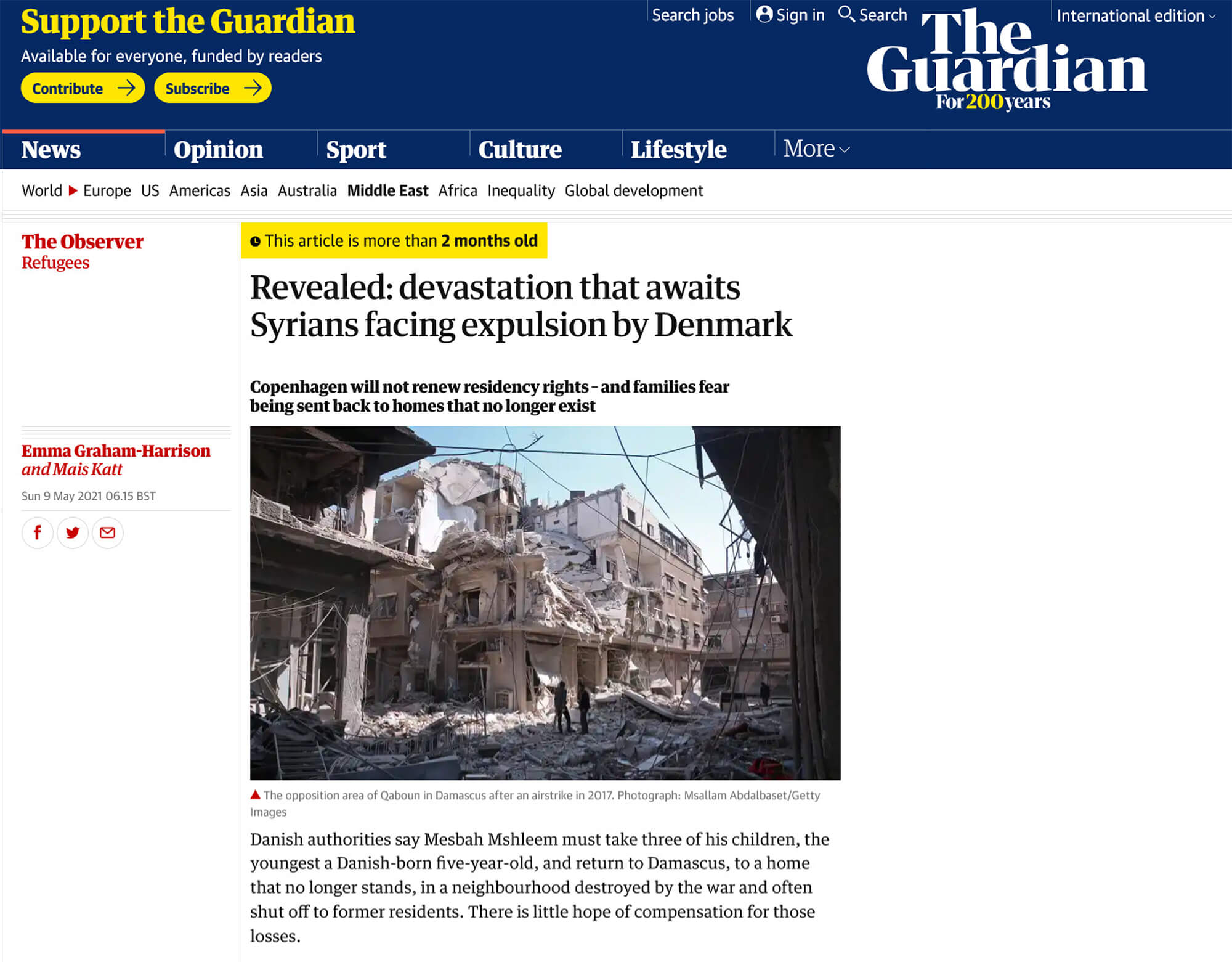 Screengrab from the Guardian: Revealed: devestation that awaits Syrians facing expulsion by Denmark