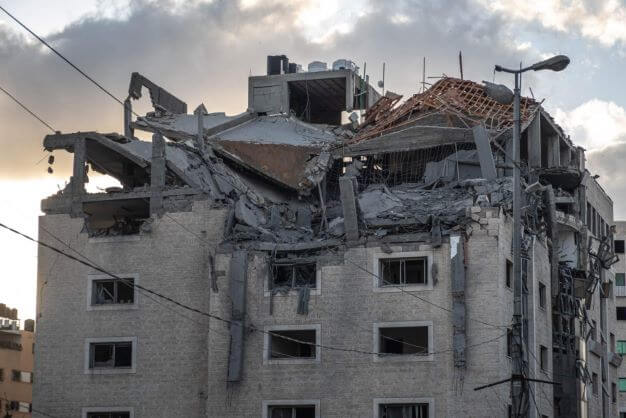 A bombed building in the Gaza strip. The building is the office of the media outlet Filastinyat which was destroyed by an Israeli airstrike in May 2021