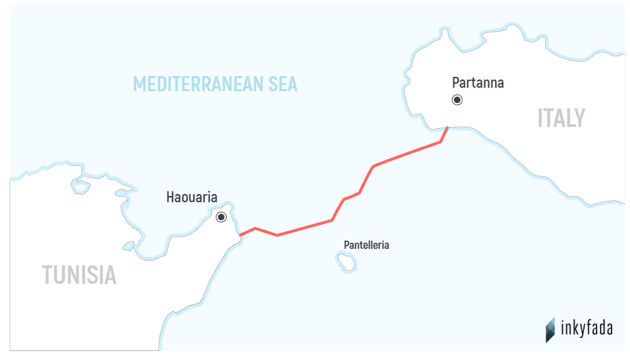 Map of the ElMed power interconnector project between Tunisia and Italy.