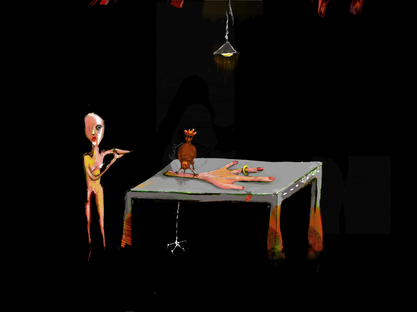 Detention person standing by a table against a black background. Illustration: Haytham Al-Sayegh