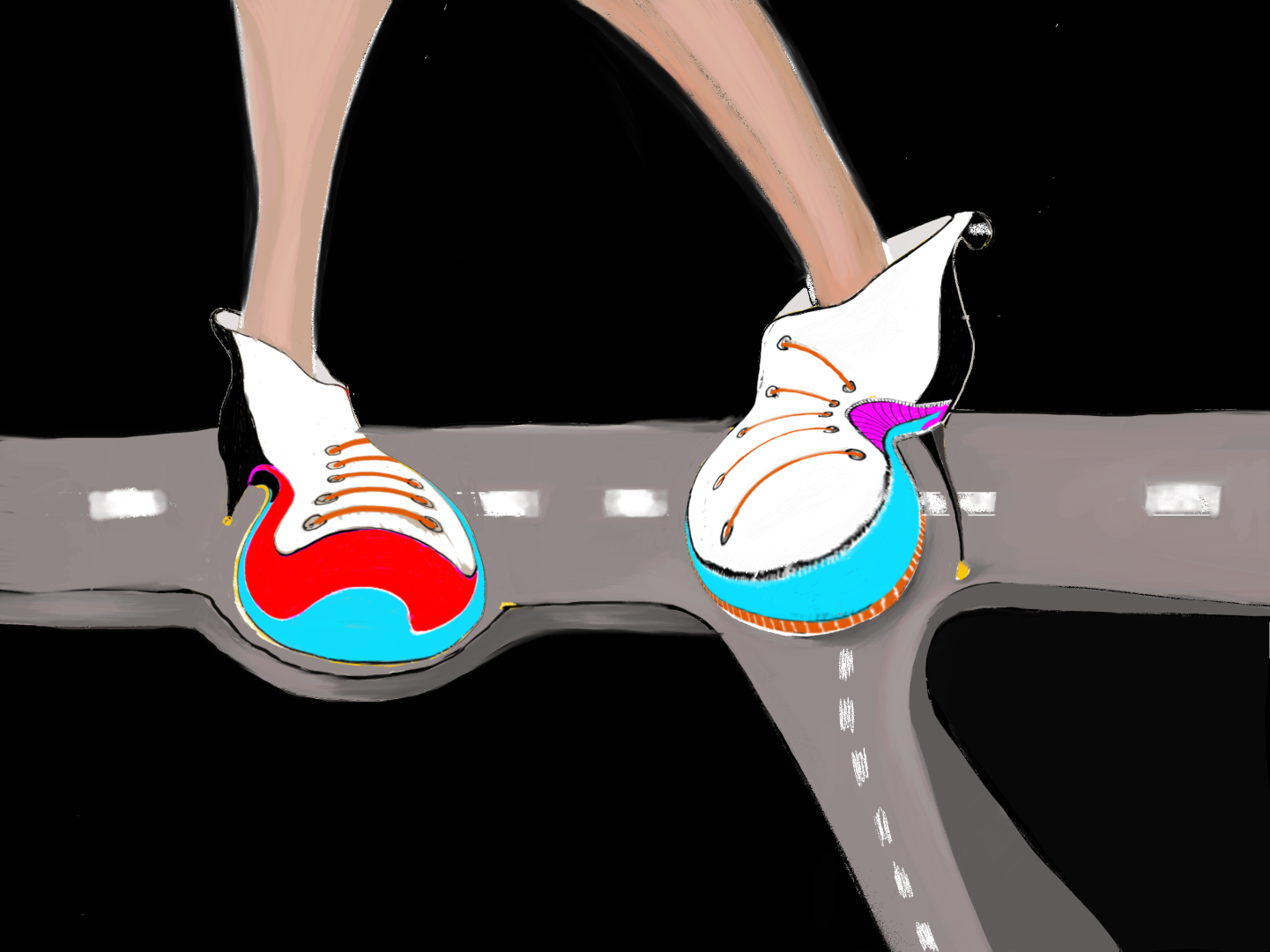 An illustrations of athletic shoes on a road. One of the shoes appears to have a stiletto heal. Artwork by Haisam Al Saiegh