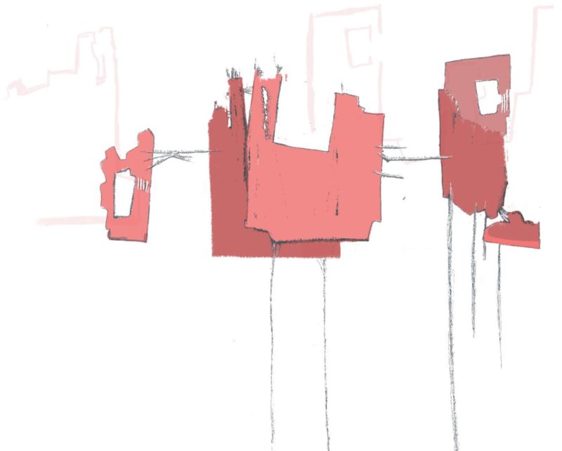 An illustration of crumbling buildings. Artwork: Haisam Al Saiegh
