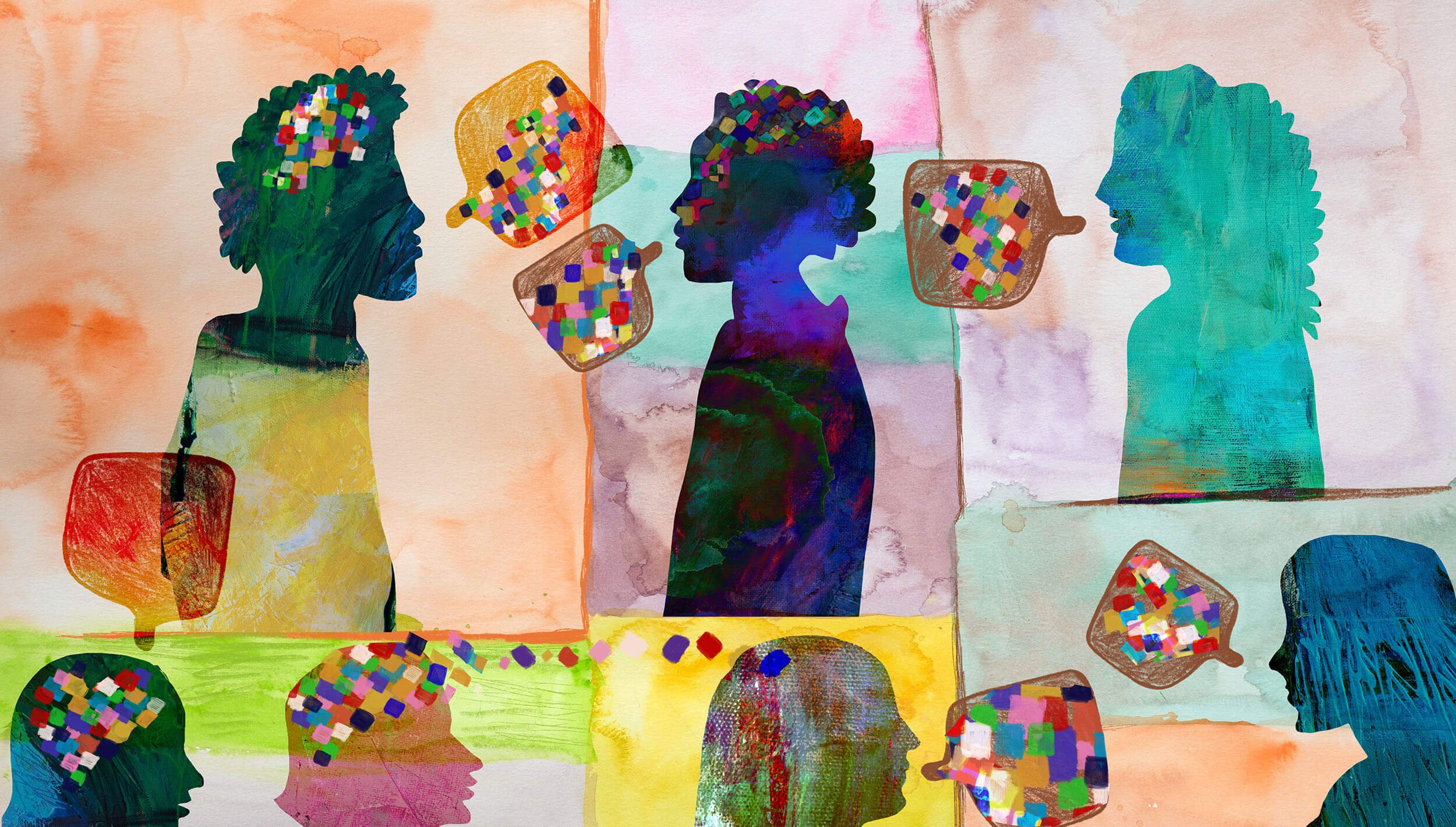 Group of people with talking, thinking, communicating using speech bubbles