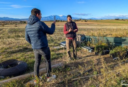 Perpignan Stories reportages La Cazaly Journalist trainee Alexis Robert interviewing farmer Yannick Cazal as part of Made in Perpignan's PM4D project to engage with youth rarely represented in media, December 2025. Photo: Made in Perpignan/IMS