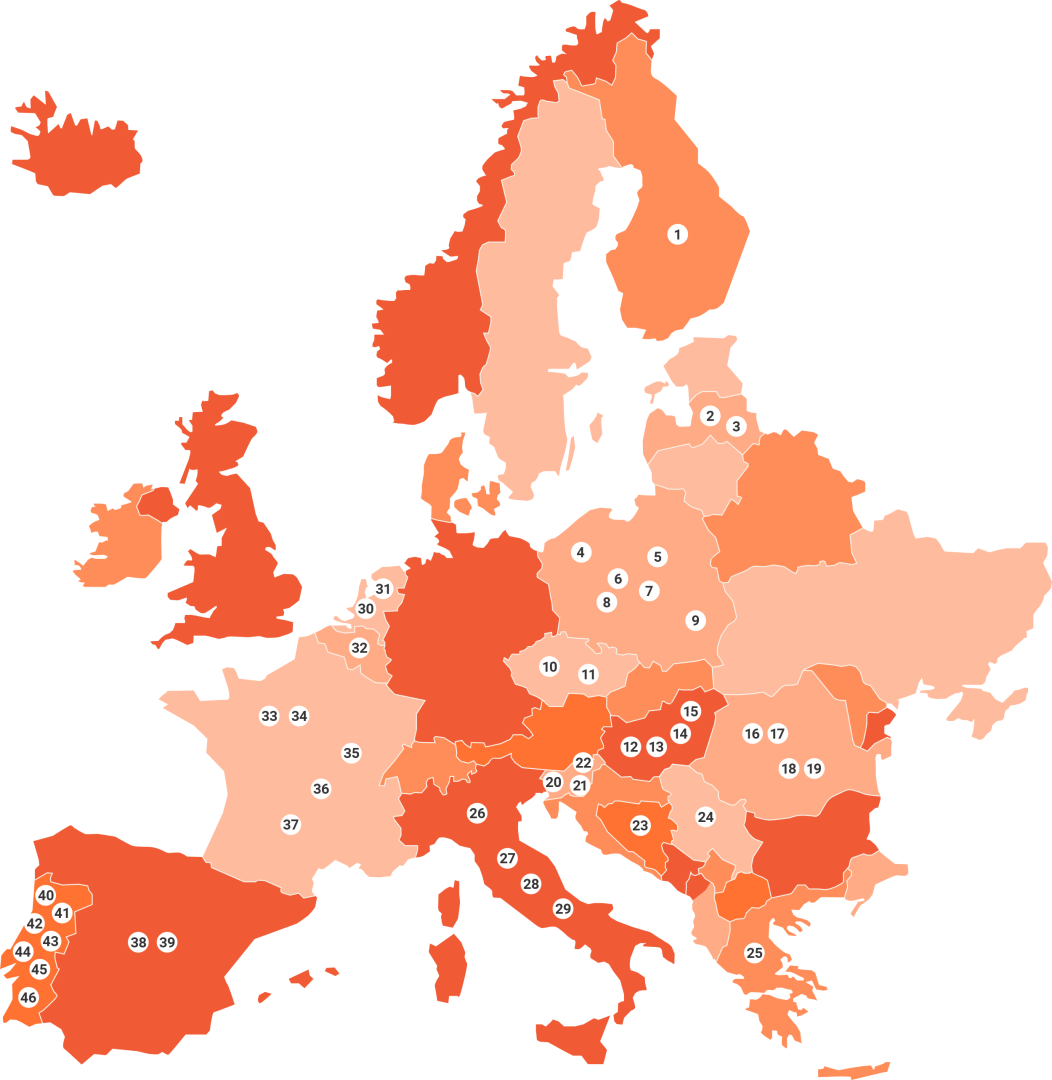 A map of Europe colored in orange shades illustrating where the pluralistic media for democracy programme is active.